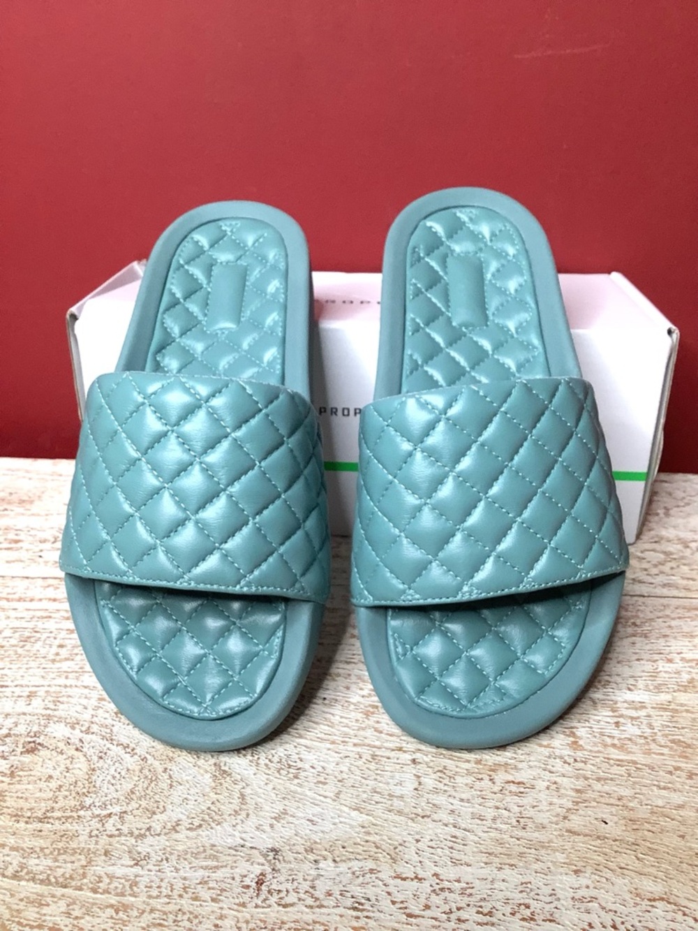APL Lusso Light Blue Leather Diamond Quilted Slide Sandals Propelium Cushioning